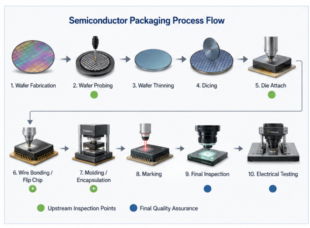 Semiconductor process control throughout semiconductor packaging from wafer inspection to final electrical testing.